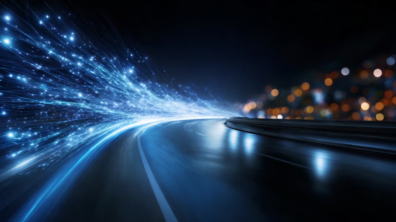 Una rappresentazione visiva accattivante di movimento rapido e illuminazione, che mostra una scena astratta in cui scie di luce si intrecciano con una strada tortuosa, sullo sfondo di luci delicatamente sfocate in un ambiente notturno