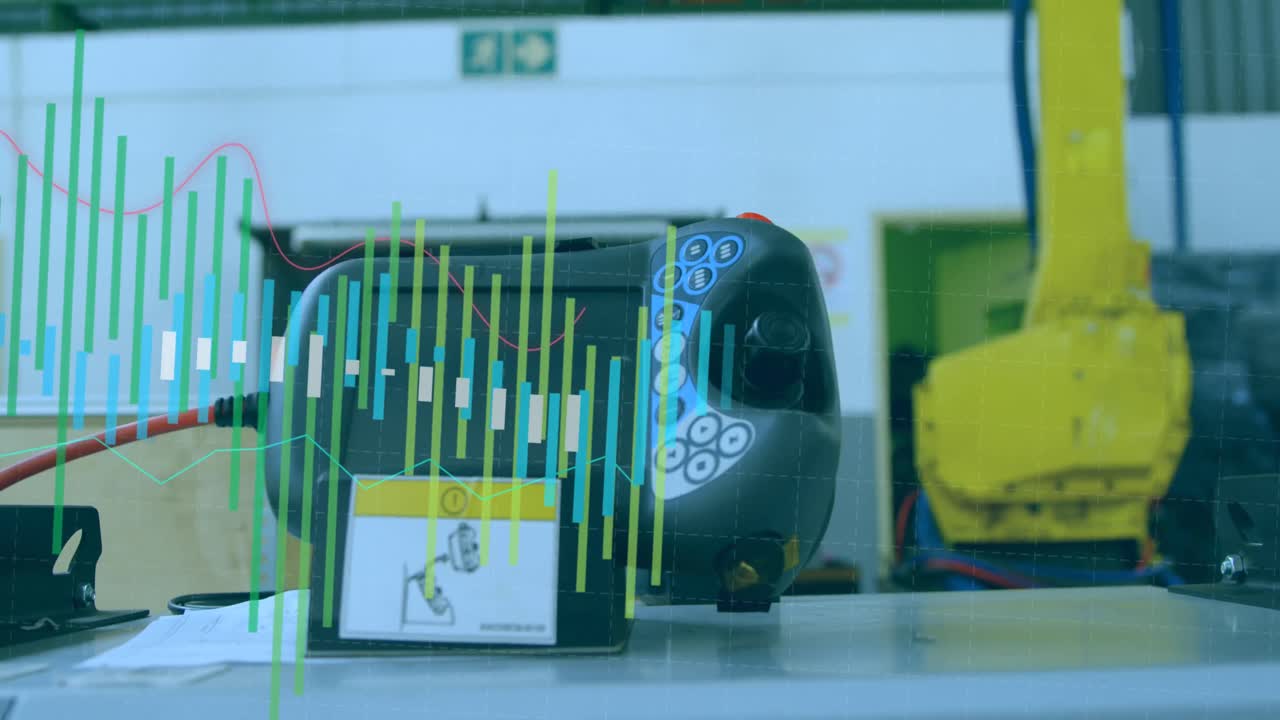 animación del procesamiento de estadísticas sobre robots y máquinas en el fondo del almacén