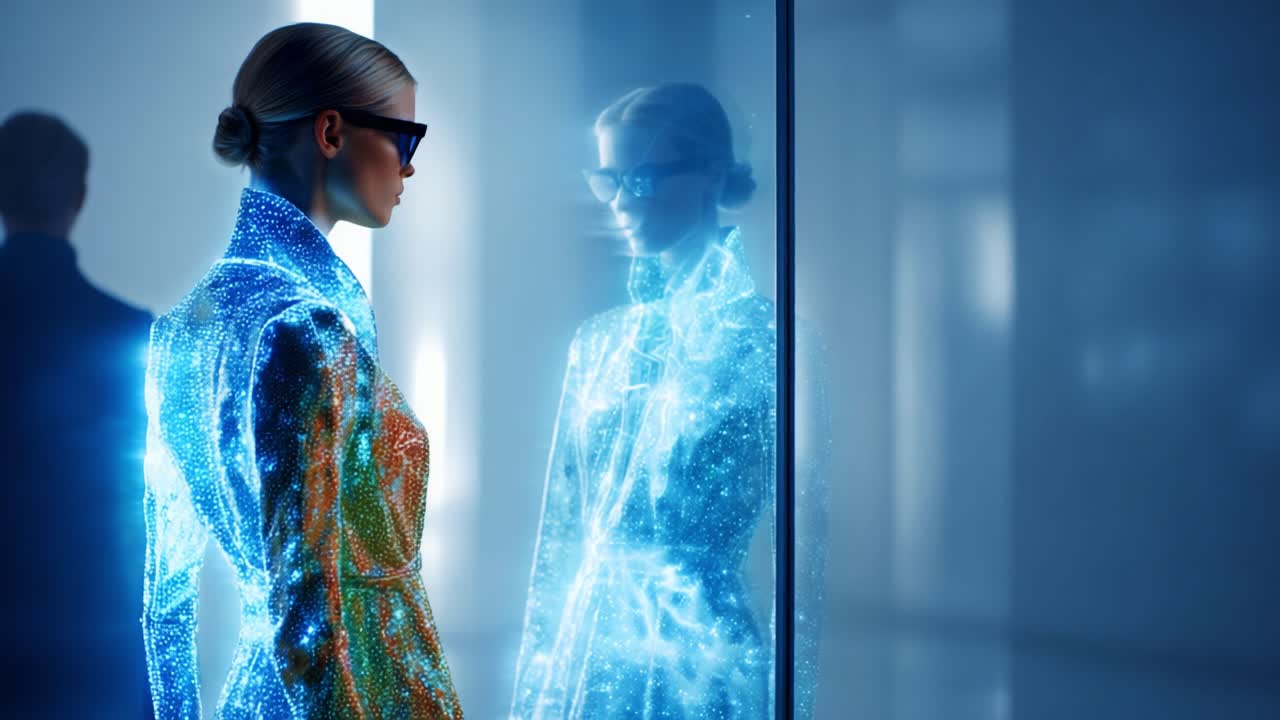 A futuristic woman stands before a glass surface, her mesmerizing outfit shimmering with digital light patterns, contrasting with the sleek, modern backdrop, evoking themes of technology and style