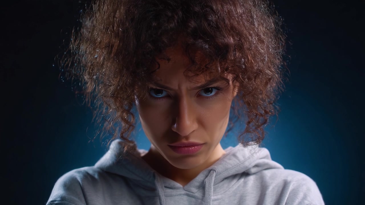 Intense Focus: A Dual Perspective on Emotion and Expression Captured in a Cinematic Portrait of a Young Woman in a Hoodie, Highlighting Strength and Vulnerability.