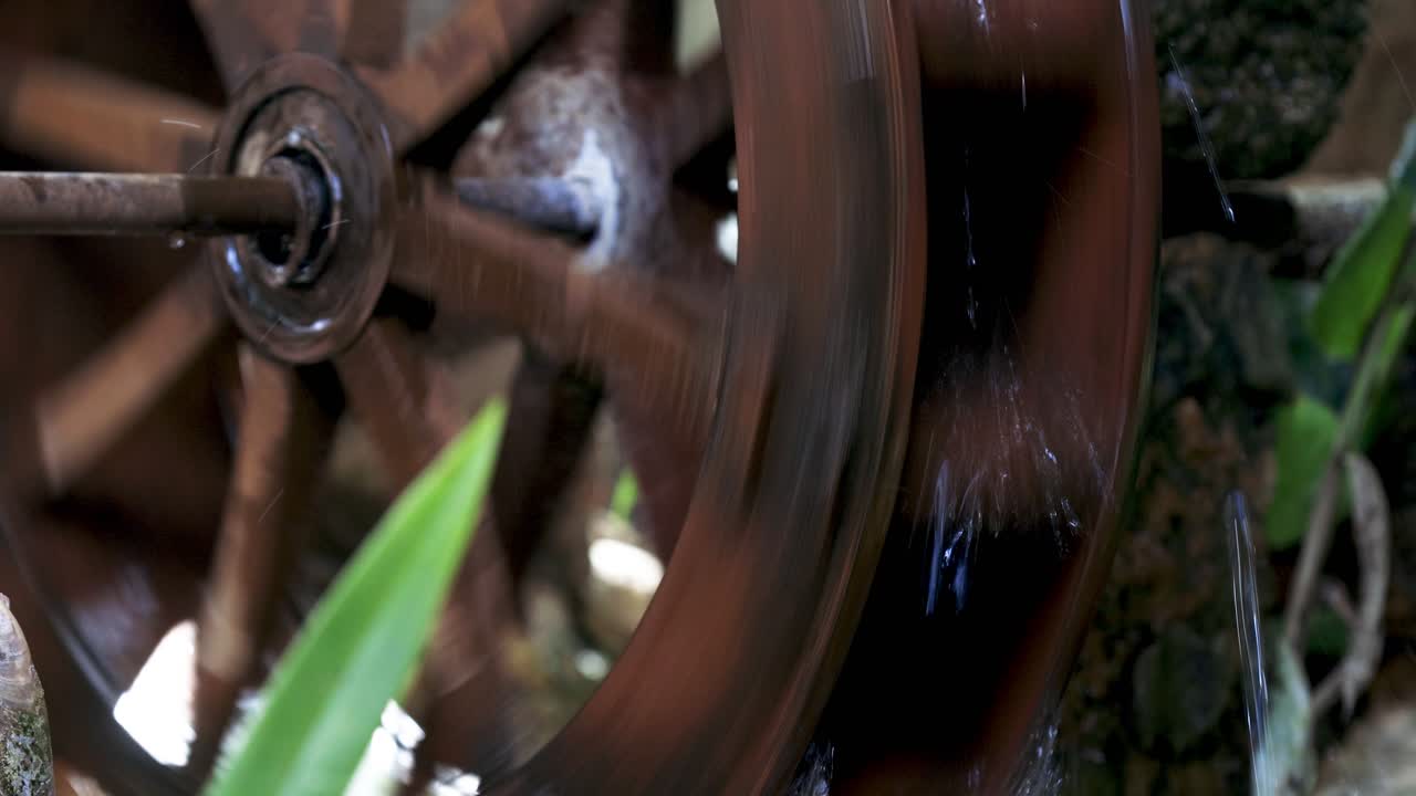close up view of water wheel running at full speed in an indoor environment