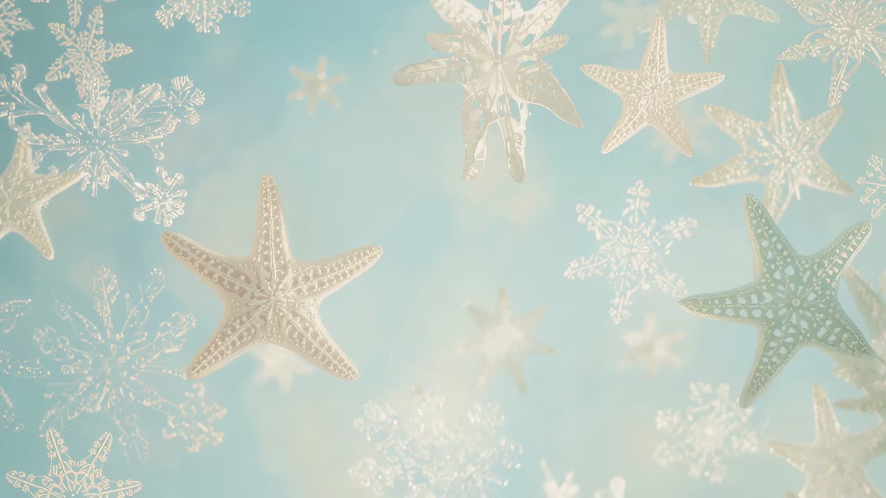 Drifting gold stars white snowflakes shifting upward rotating from breeze on blue set framing space