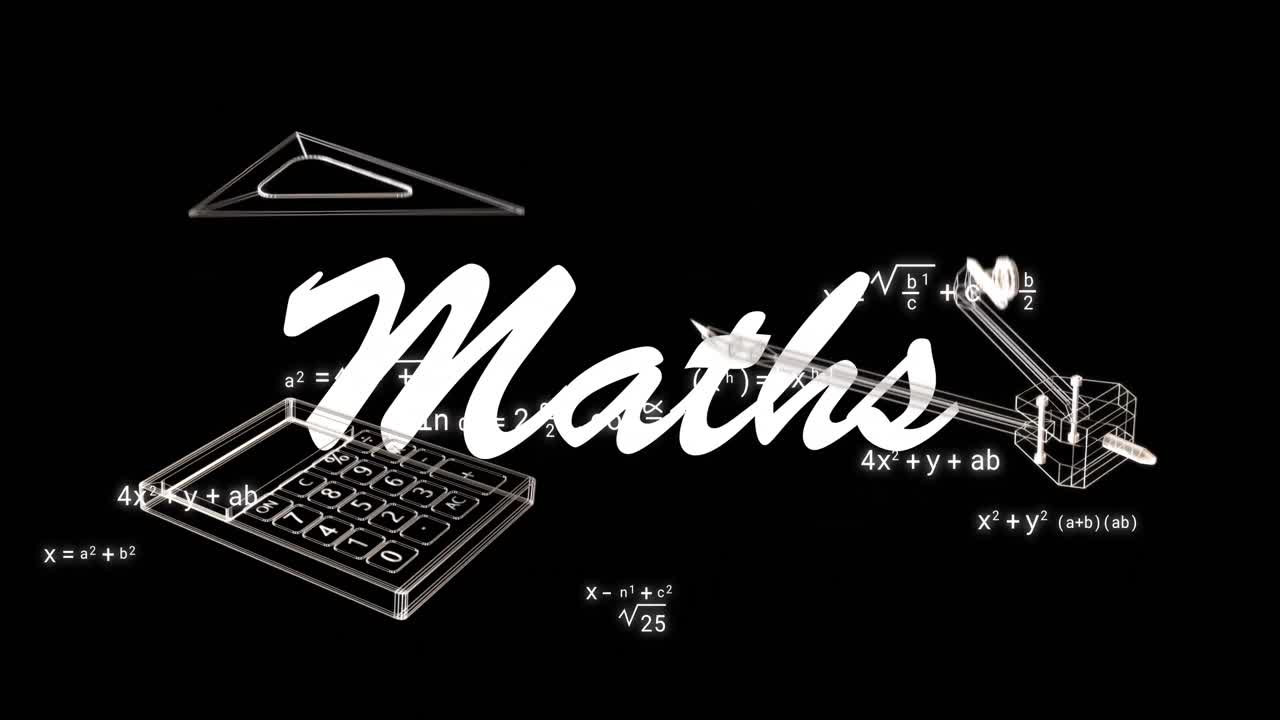 Animation of maths text over icons and mathematical equations on black background