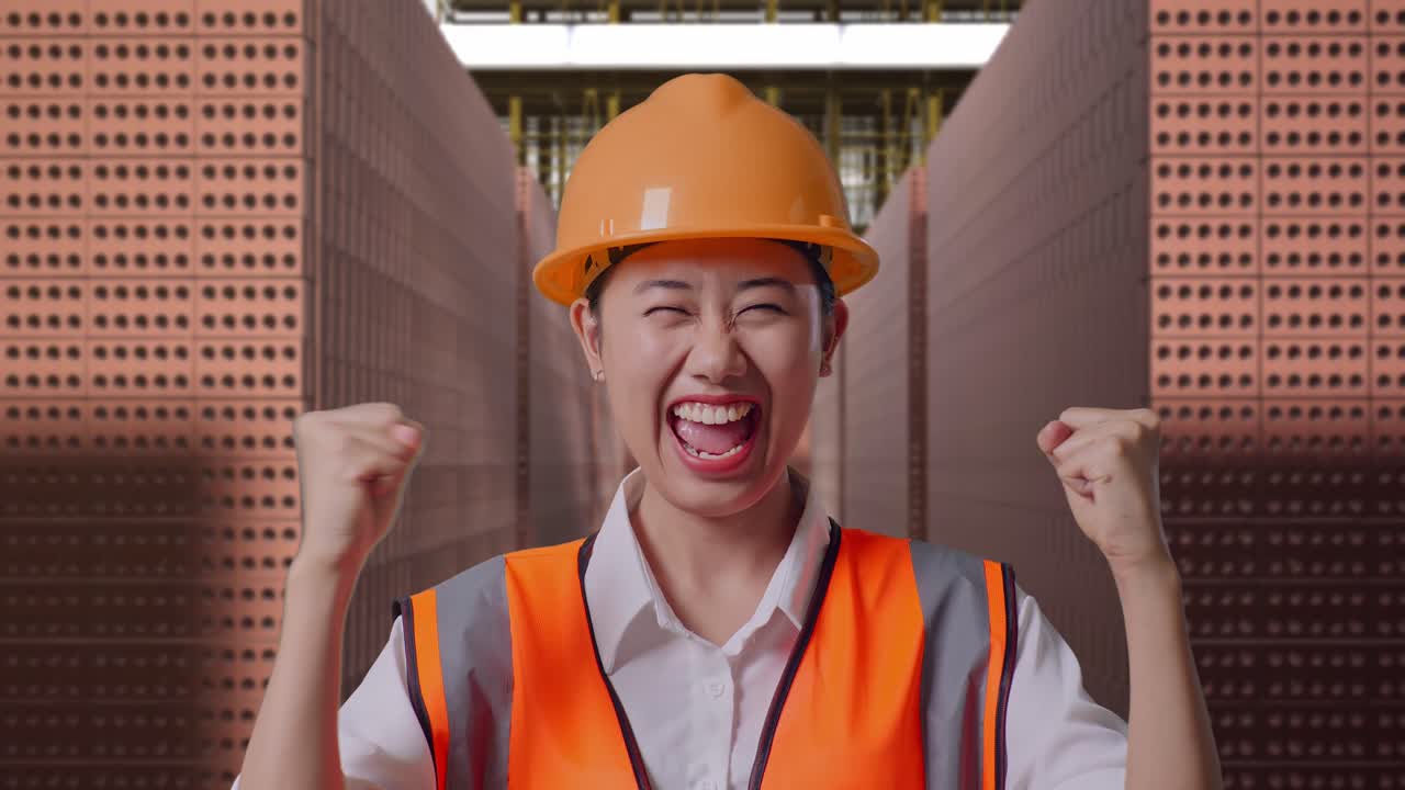 Close Up Of Asian Female Engineer With Safety Helmet Screaming Goal Celebrating Working With Red Brick Packed in Stacks Are Stored