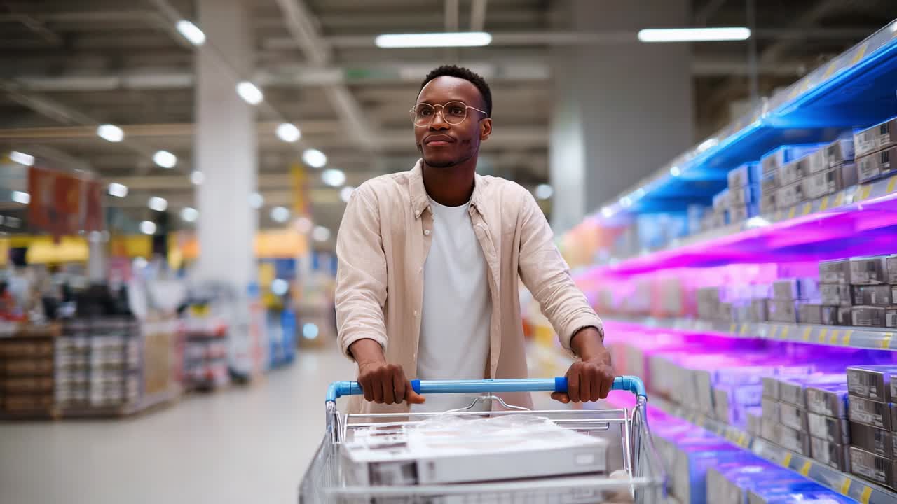A Thoughtful Young Man Shopping with a Cart in a Modern Supermarket Aisle Filled with Colorful Products and Bright LED Lighting, Illustrating the Everyday Experience of Grocery Shopping