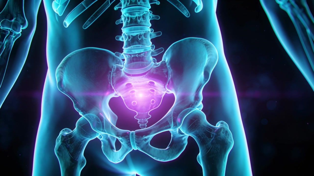 Animating pelvis pulsing purple sacral glow in CGI, zoom emphasizing sacral anatomy, cyan bones