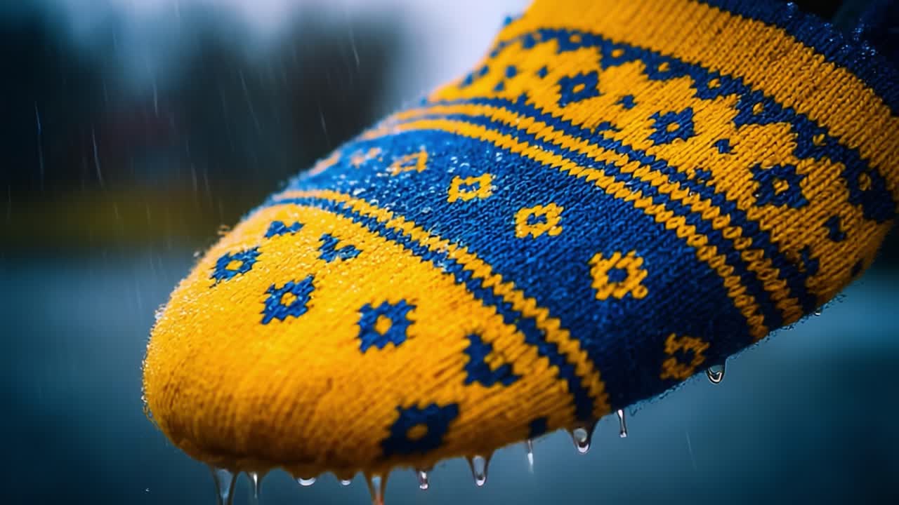A Colorful Knitted Sock in the Rain: Capturing the Unique Texture and Vibrant Colors of a Blue and Yellow Sock as it Drips with Water Drops During a Rainy Day