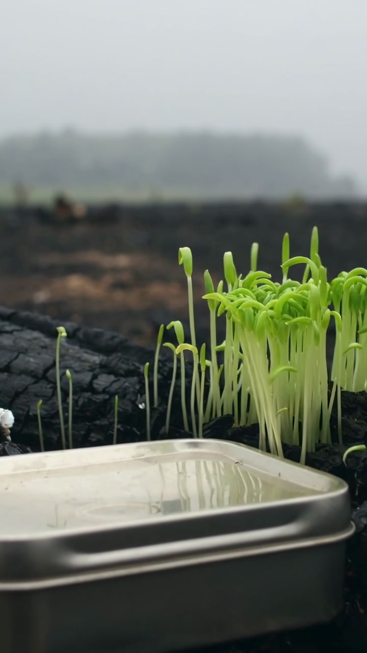 Vertical video: Camera panning up revealing seedlings emerging on charred soil, with metal tin
