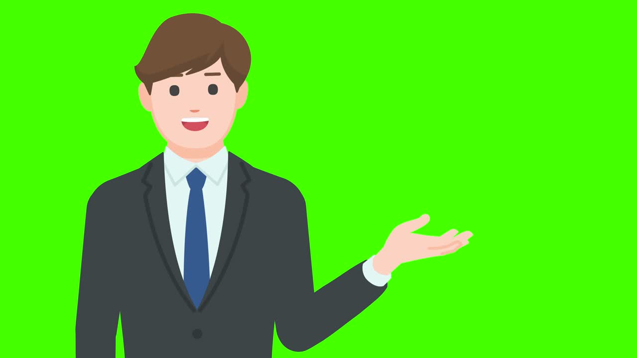 Talking businessman showing gesture isolated on green background