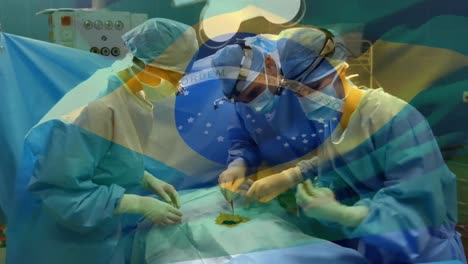 Animation-Der-Brasilianischen-Flagge,-Die-über-Chirurgen-Im-Operationssaal-Weht