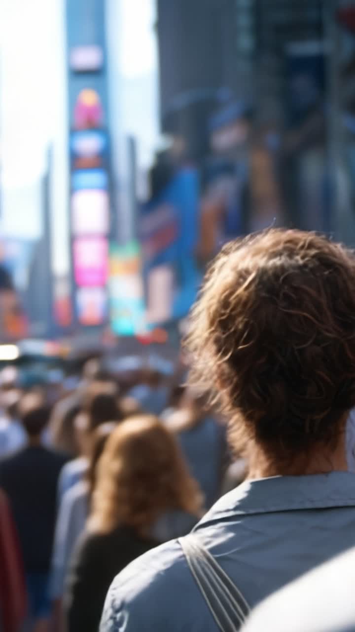 Una scena urbana affollata catturata in due fotogrammi, che mostra il flusso di pedoni contro lo sfondo vibrante di luci della città e cartelloni pubblicitari in un'atmosfera dinamica.