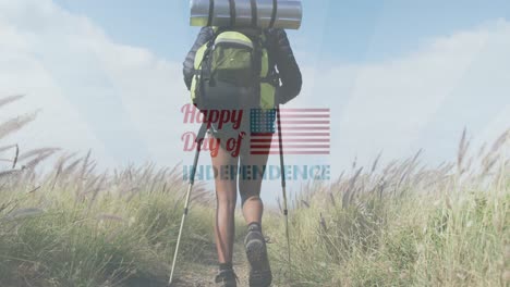 Animation-of-independence-day-text-over-biracial-woman-hiking