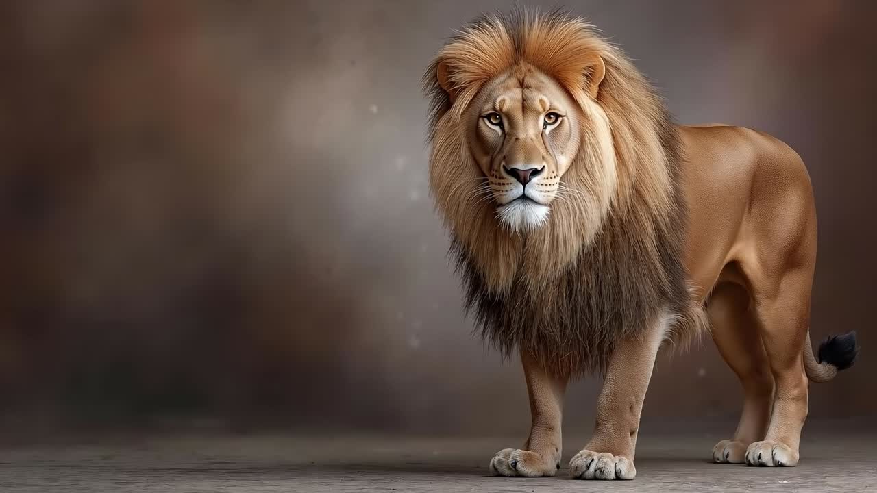 A lion walking across a dirt road with a brown background