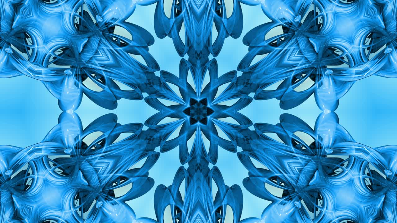 animación en bucle 3d, un fondo abstracto con cintas azules girando y formando estrellas o copos de nieve como con un efecto caleidoscópico.