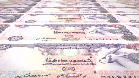 banknotes of fifty dirhams arabs rolling on screen, cash money, loop