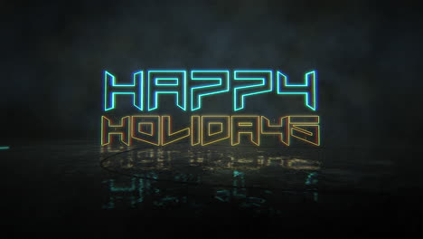 Happy-Holidays-with-neon-lights-and-rain-on-street-in-cyberpunk-city