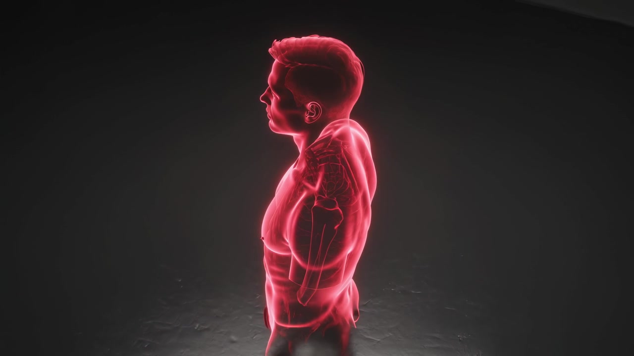 Telecamera in movimento che rivela un ologramma rosa neon di un torso maschile su un pavimento scuro e lucido, mostrando linee interne.