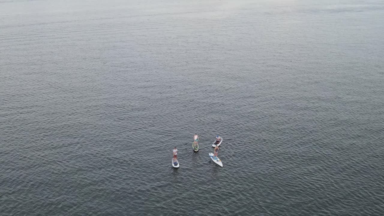 amigos durante el stand up paddle en un sereno paisaje marino