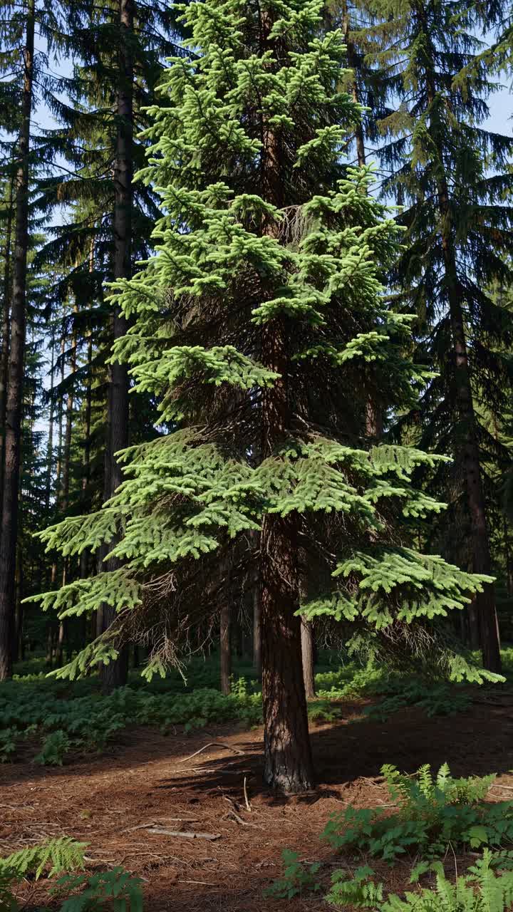 Una serena scena di foresta ripresa all'altezza degli occhi, con un alto albero sempreverde