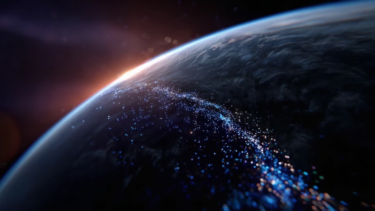 A stunning visual of Earth’s curvature showcasing a vibrant flow of glowing particles, illuminated by a rising star on the horizon, representing cosmic beauty