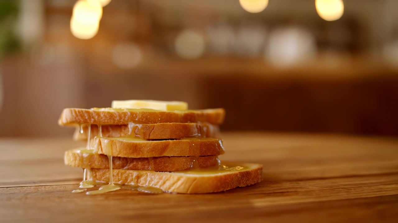 Low-angle close-up of uneven stack of white bread slices topped with softening butter pat while honey streams and droplets drip down edges onto polished wooden tabletop, creating warm rustic