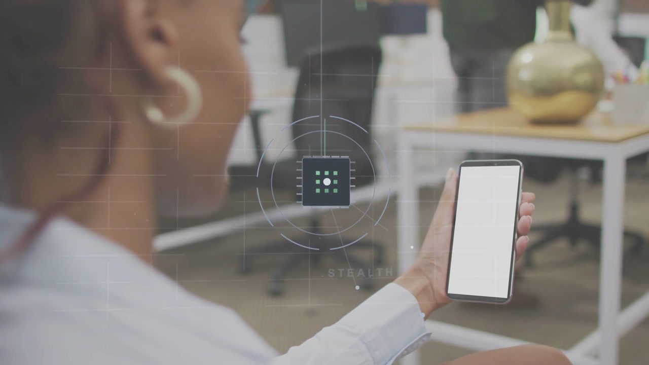 Vertical video: Woman holding blank phone activating stealth HUD forming above phone for business
