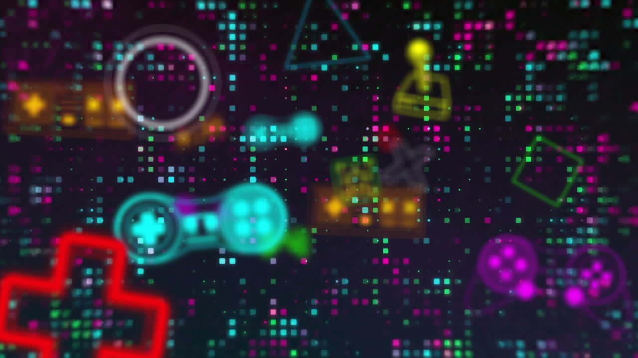 animación de formas geométricas y múltiples consolas de juegos sobre puntos iluminados