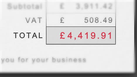 static animation of a growing invoice total in british pounds with vat