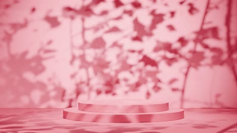 empty pink podium with shadows of leaves on a pink background