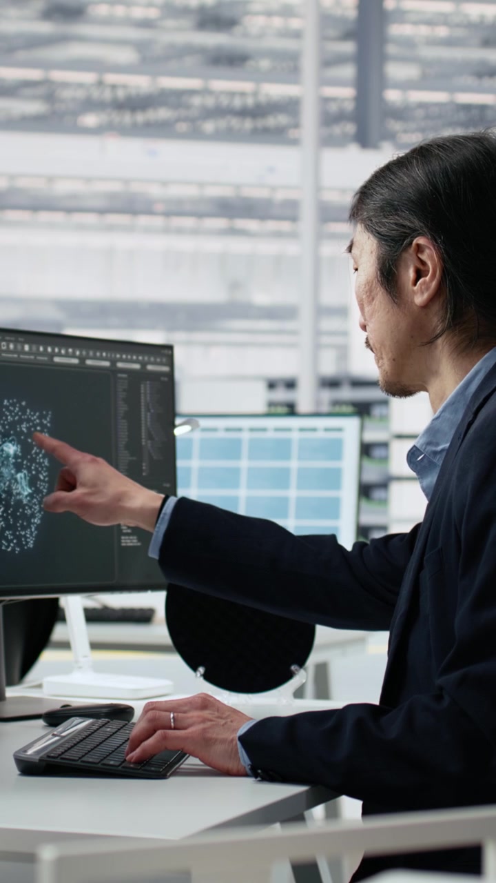 Vertical video Microchip facility senior manager using AI to examine semiconductor substrates