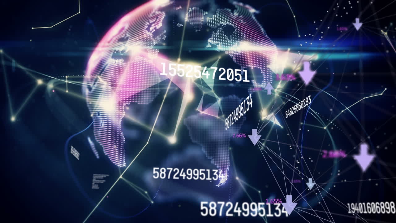 파란색 배경에서 회전하는 플렉서스 네트워크를 통해 여러 번 변하는 숫자