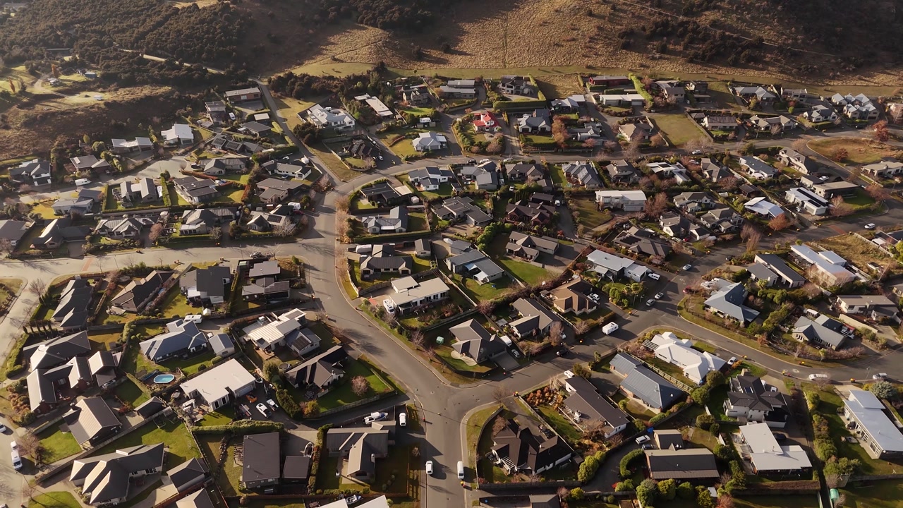 Residential neighborhood in Wanaka, New Zealand. Aerial top-down view