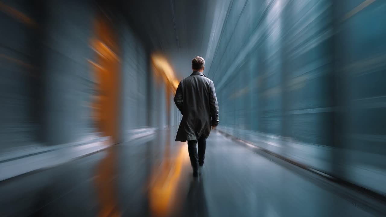 A solitary figure walks through a futuristic corridor, immersed in vibrant colors and artistic blurs, evoking a sense of movement and contemplation in a modern setting