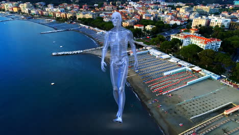 digital composition of human model walking against aerial view of cityscape