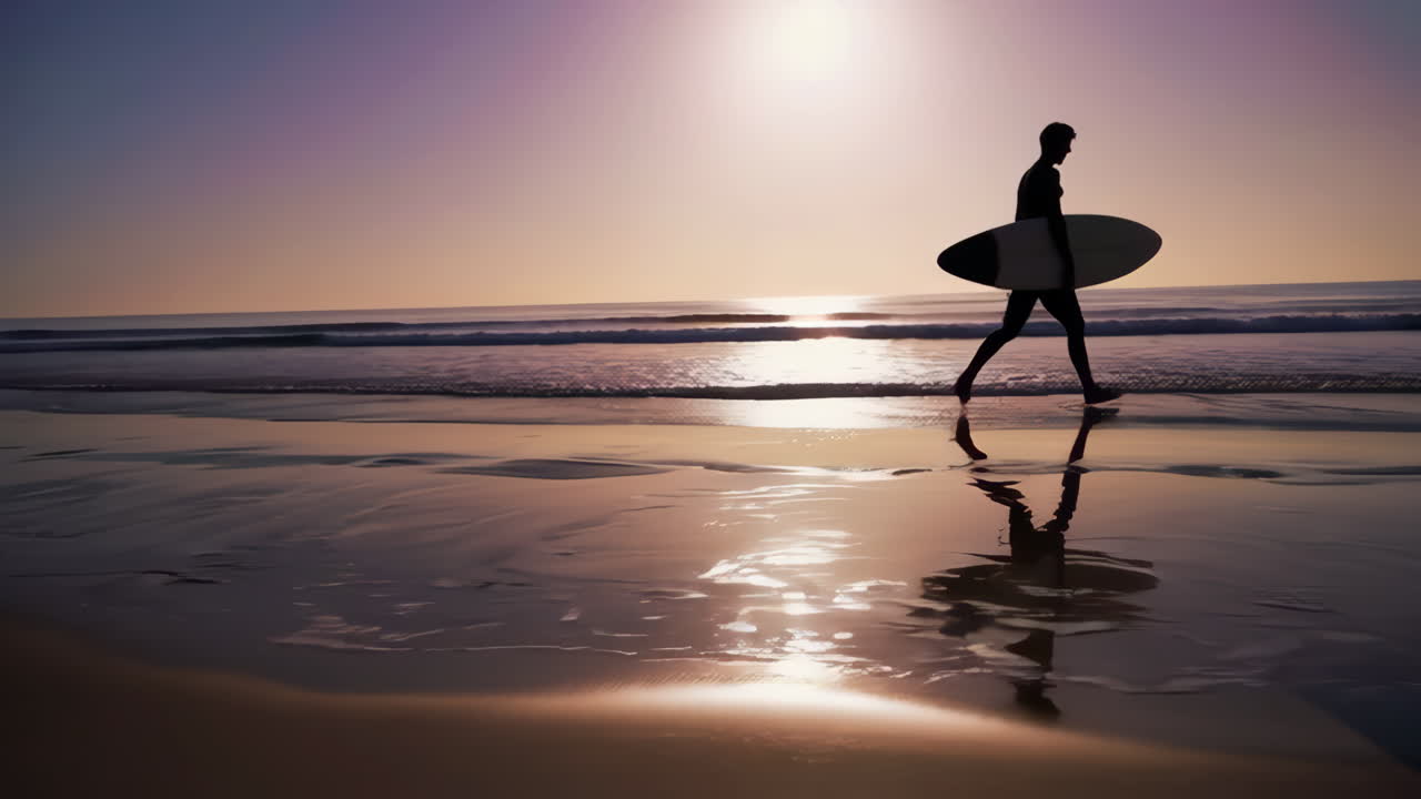 Silhouette di un surfista che cammina sulla spiaggia al tramonto