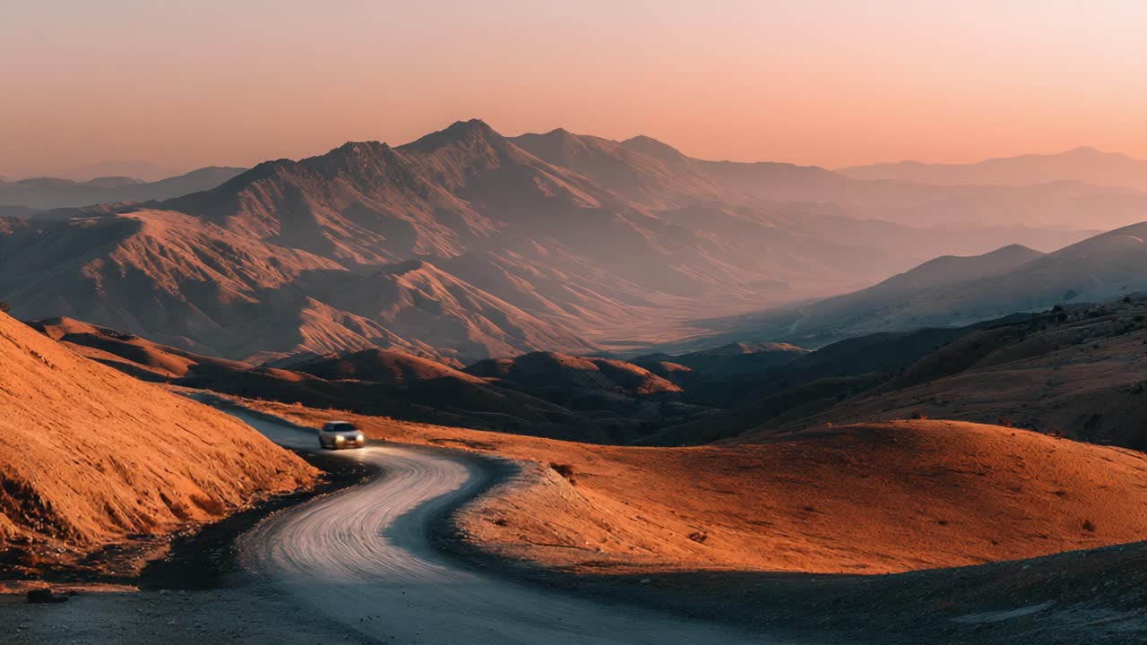 A Majestic Journey Through Rolling Hills and Mountains at Dusk, Capturing the Serenity and Beauty of Nature's Untouched Landscape