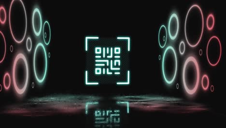 Animation-of-qr-code-over-neon-shapes-on-black-background