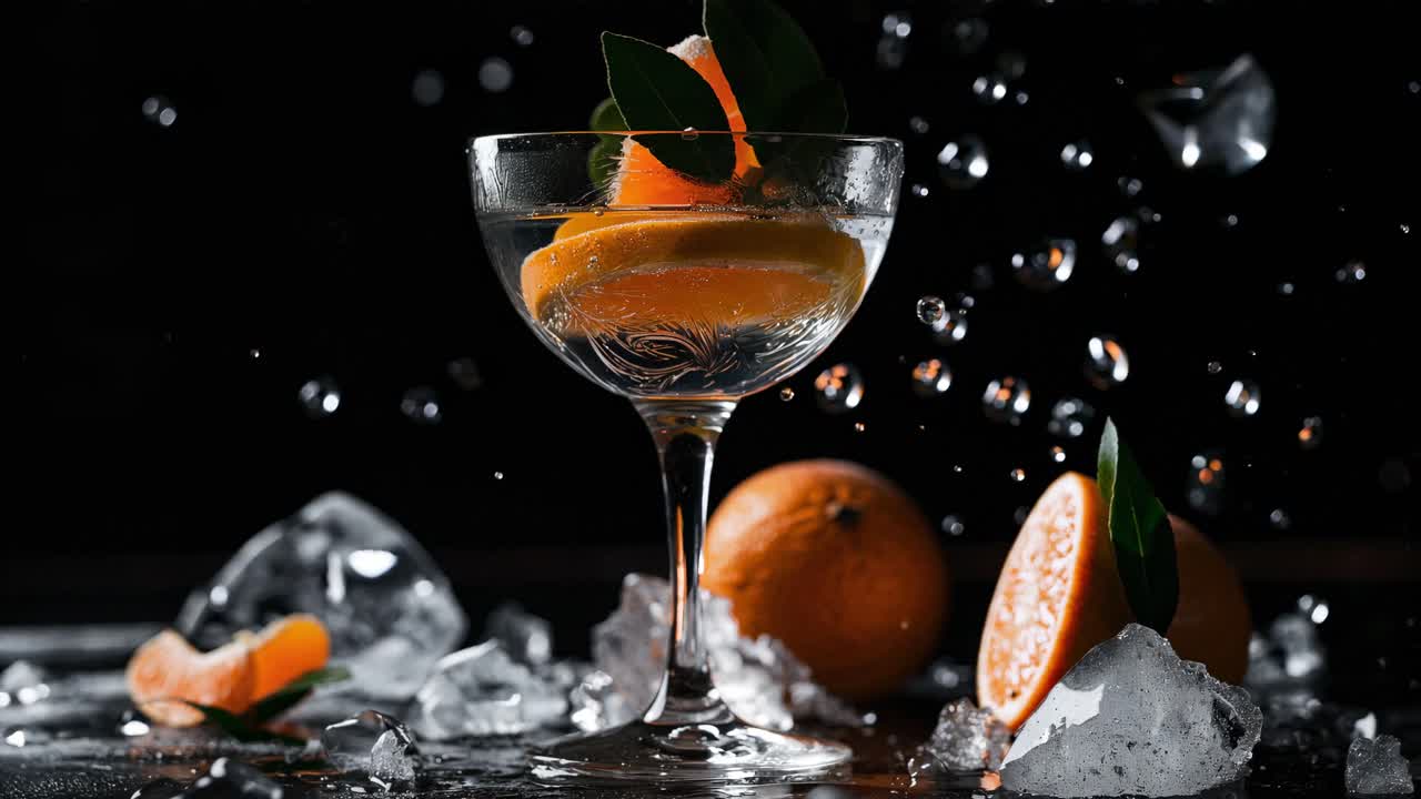 Coupe glass brimming with a refreshing citrus drink, garnished with an orange slice and leaves, surrounded by ice cubes and whole oranges against a black backdrop