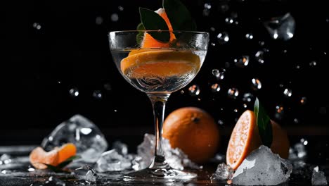 coupe glass brimming with a refreshing citrus drink, garnished with an orange slice and leaves, surrounded by ice cubes and whole oranges against a black backdrop