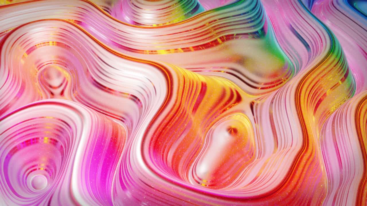 Looped abstract background. Beautiful iridescent wavy surface of liquid with pattern, gradient color and flow waves on it. Rainbow glossy and matt fluid. Creative bright bg with soft smooth animation.