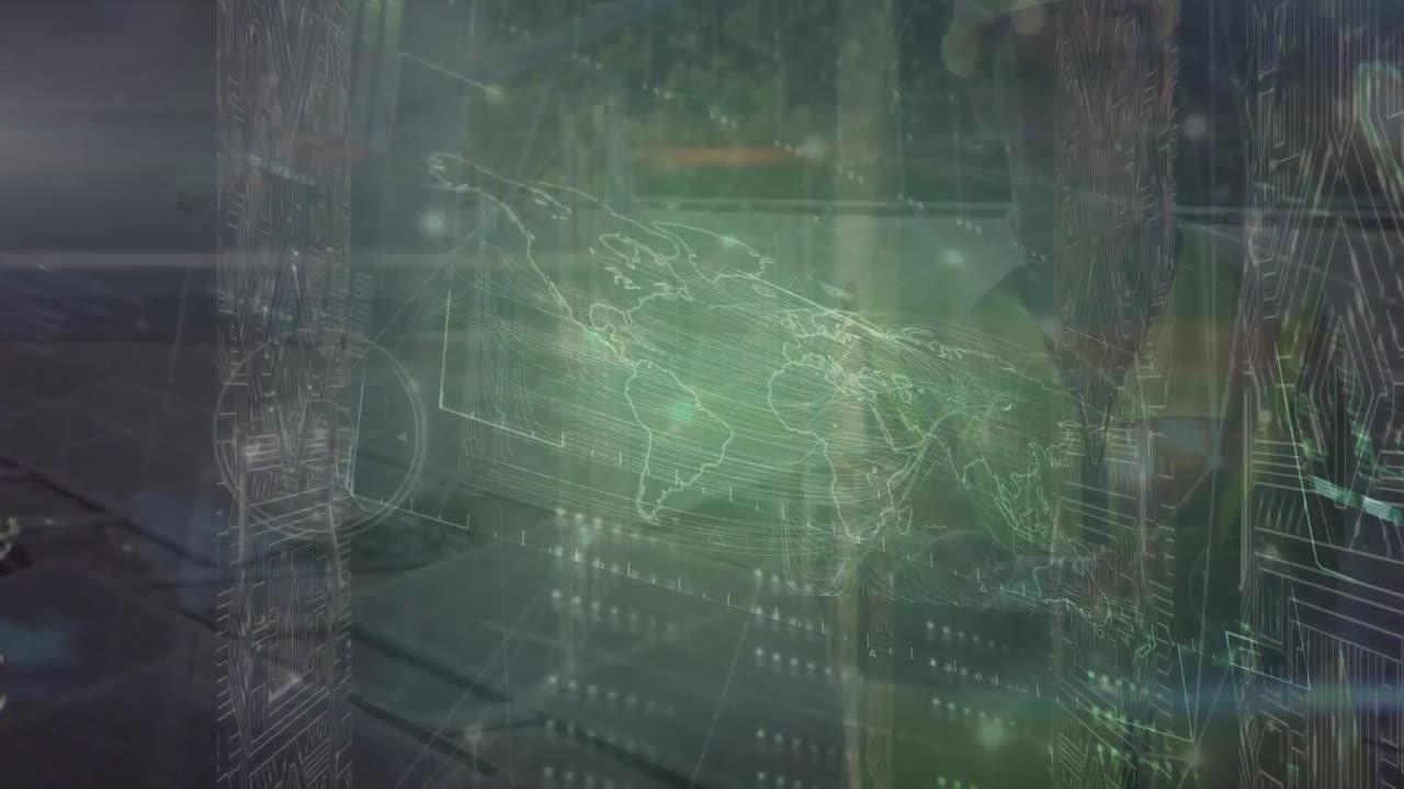 Animation of data processing, world map over caucasian engineer working at solar power station