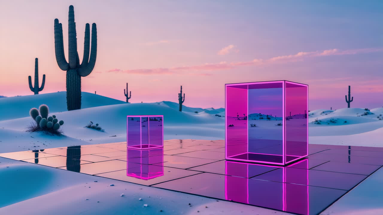 Surreal Desert Landscape with Glowing Pink Cubes