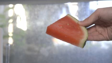 hand holding a slice of juicy watermelon - close up