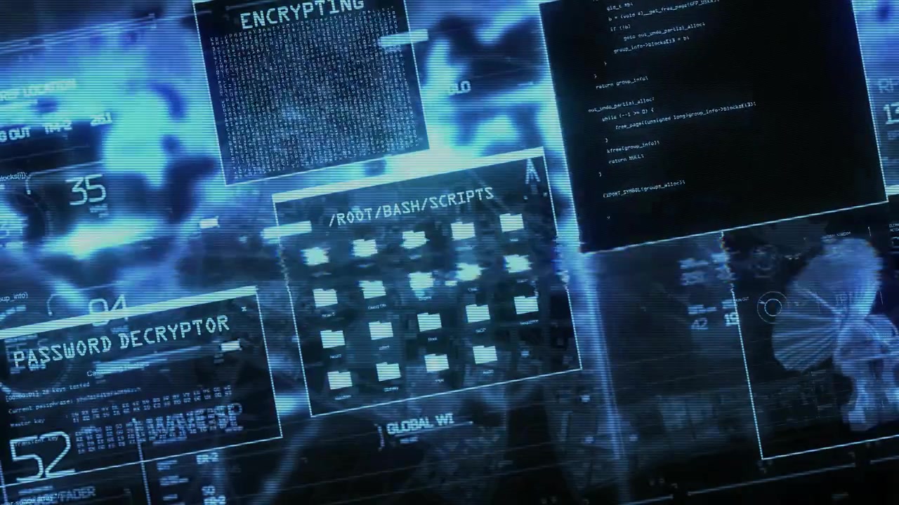 Retro hackerskärm med distorsionsglitch-effekter. Lösenords- och dataavkryptering. Blå version - 4K
