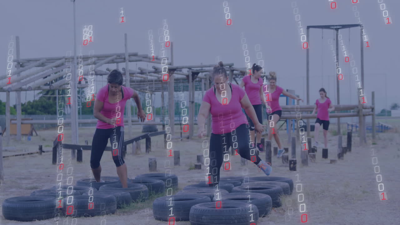 Navigating obstacle course, women with binary code animation overlay in background