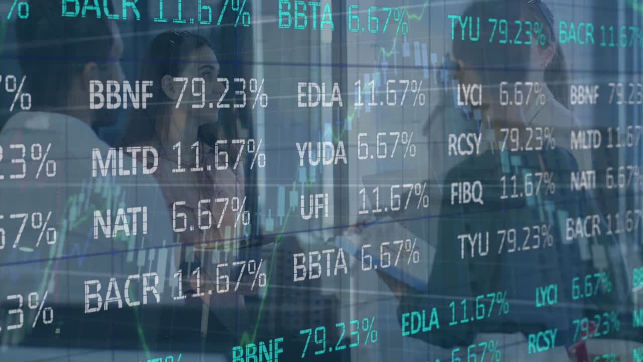 Animation of trading board and multiple graphs, diverse coworkers discussing in office