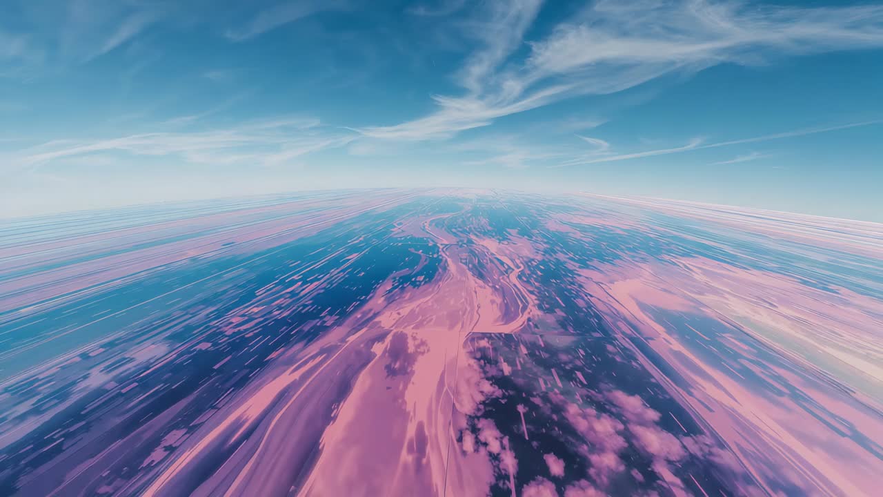 Starting aerial camera moving forward over shiny pink blue expanse, showing horizon, cirrus streaks