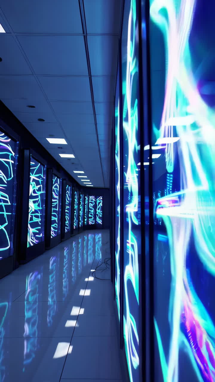 Futuristic Data Center Hallway with Glowing Server Racks