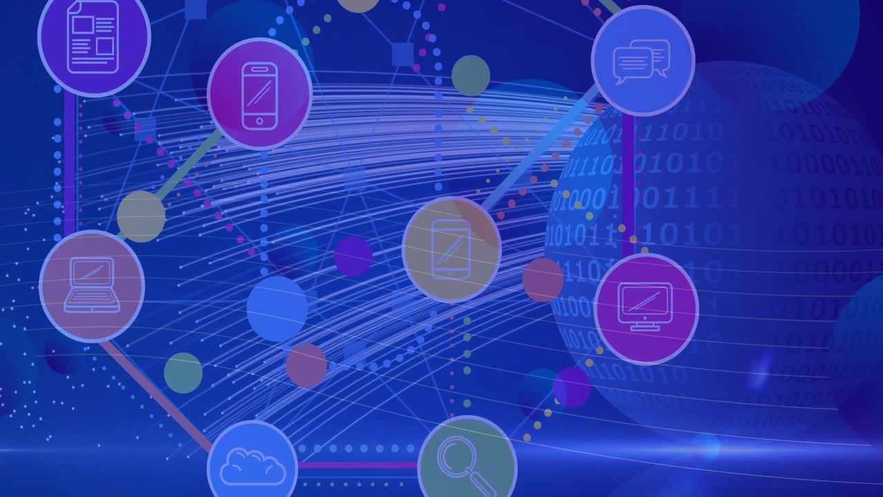 바이너리 코딩으로 전 세계에 걸쳐 디지털 아이콘으로 연결된 네트워크의 애니메이션