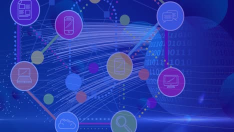 animación de la red de conexiones con iconos digitales en todo el mundo con codificación binaria